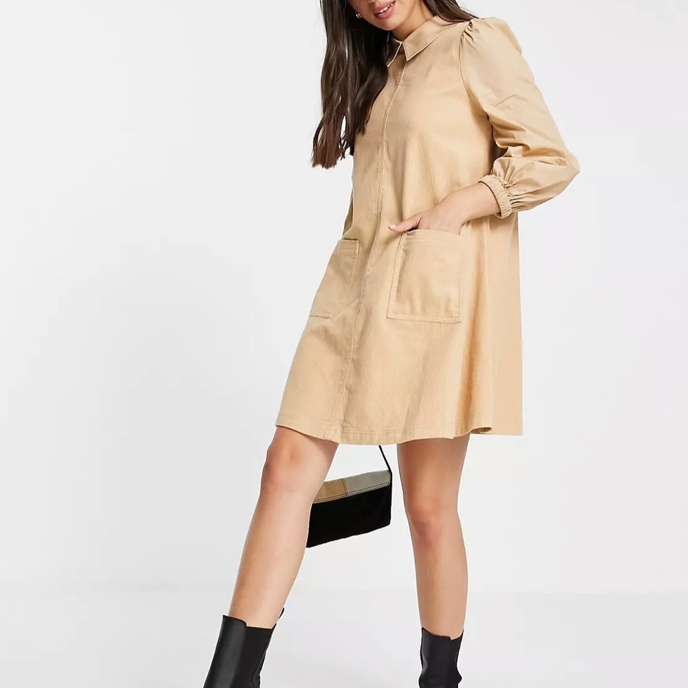 NWT ASOS DESIGN cord swing mini dress with poplin sleeves in beige